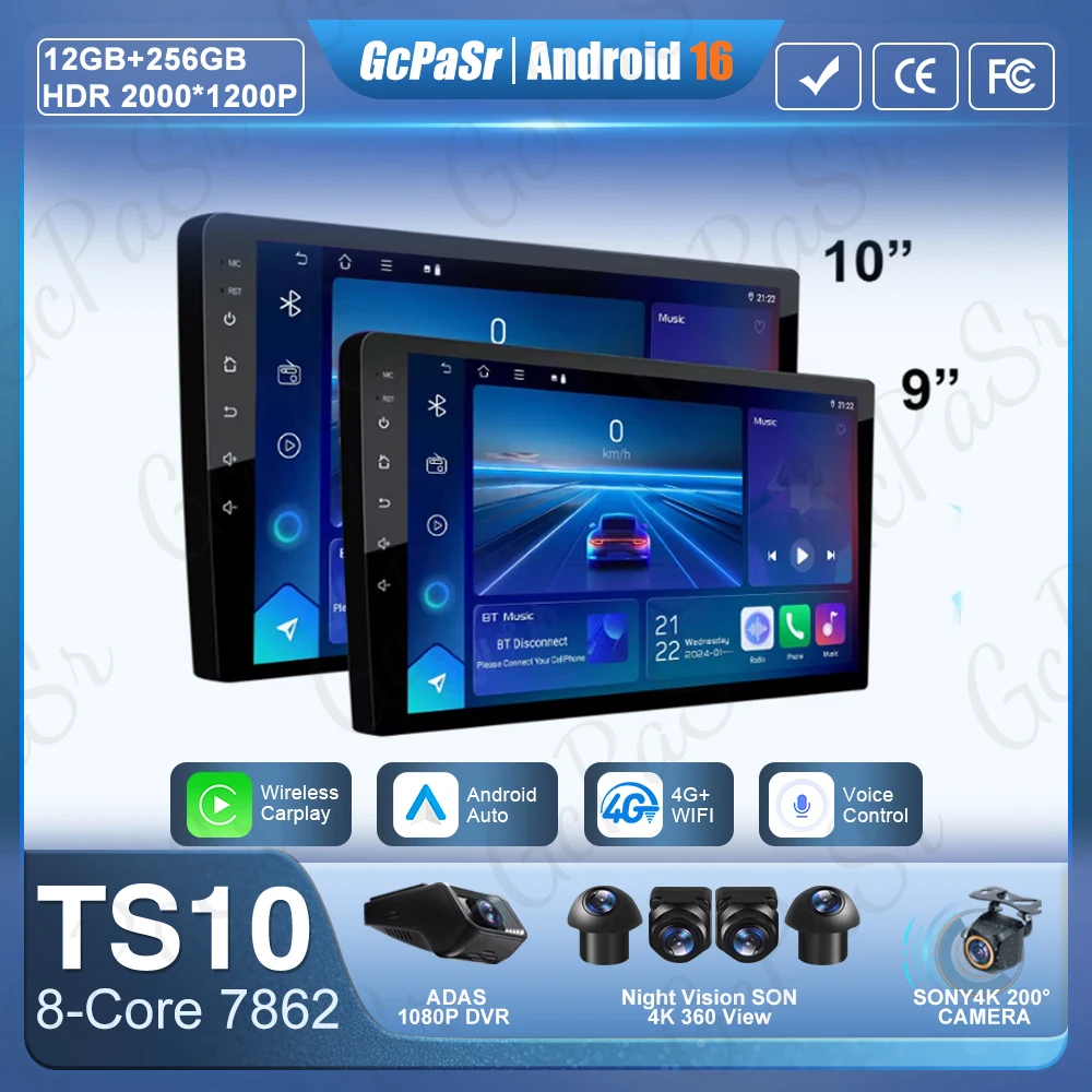 Android 16 Universal 9/10 Inch Car Stereo CarPlay Car Radio Android Auto GPS Multimedia Player 2 DIN WiFi Player QLED Screen BT