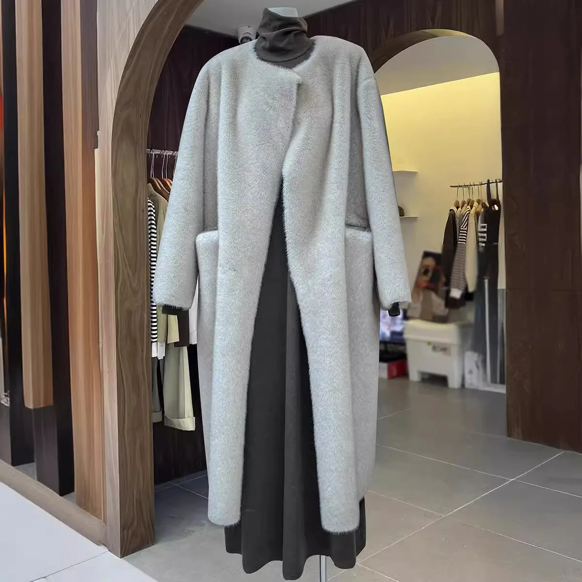 

Knee Length Coats Women Faux Fur Jackets Round Neck Coat Thick Warm Y2k Streetwear Jacket Elegant Work Outerwear Autumn Winter