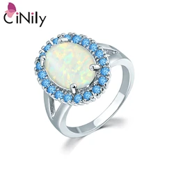 CiNily Created White Fire Opal Rings with Blue Zircon Silver Plated Oval Gemstone Ring for Women Fashion Jewelry Gift Size 7-10