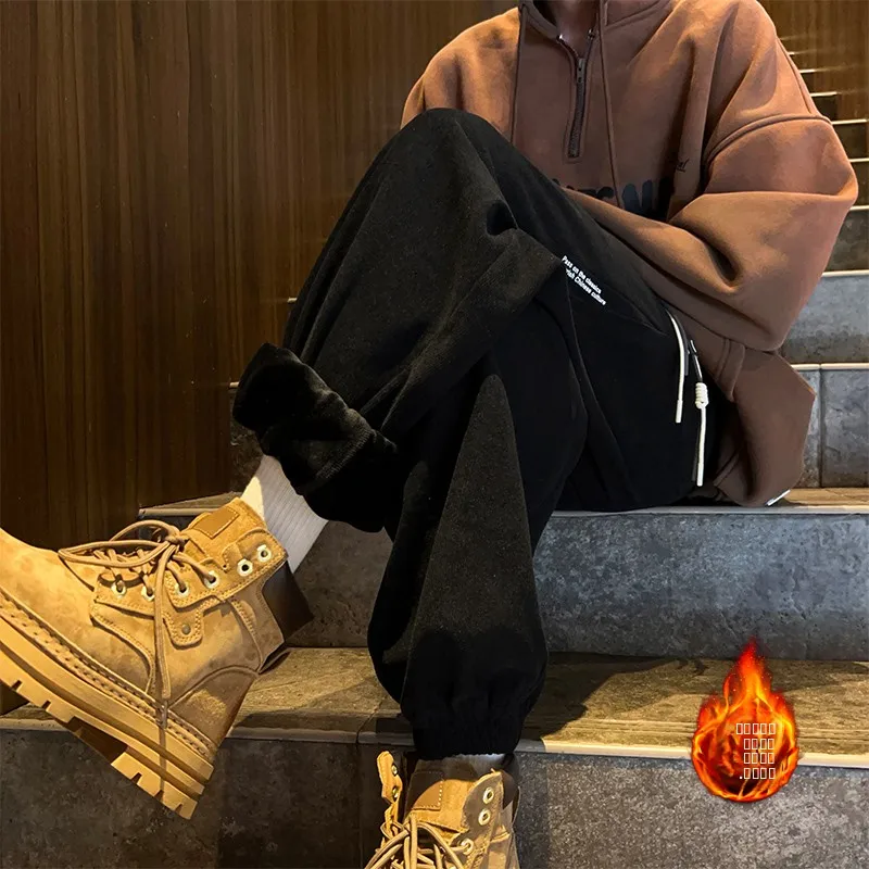 

Men's Winter Thiened Fce Lined Boots Matched Pants Loose Casual Sports Trousers Elastic Waist Pure Color Long Pants