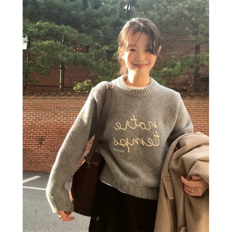 

MICOAT2 Women's Casual round Ne Embroidered Sweater Dongdaemun Sle Long Sve Sweet Sle Autumn Collection