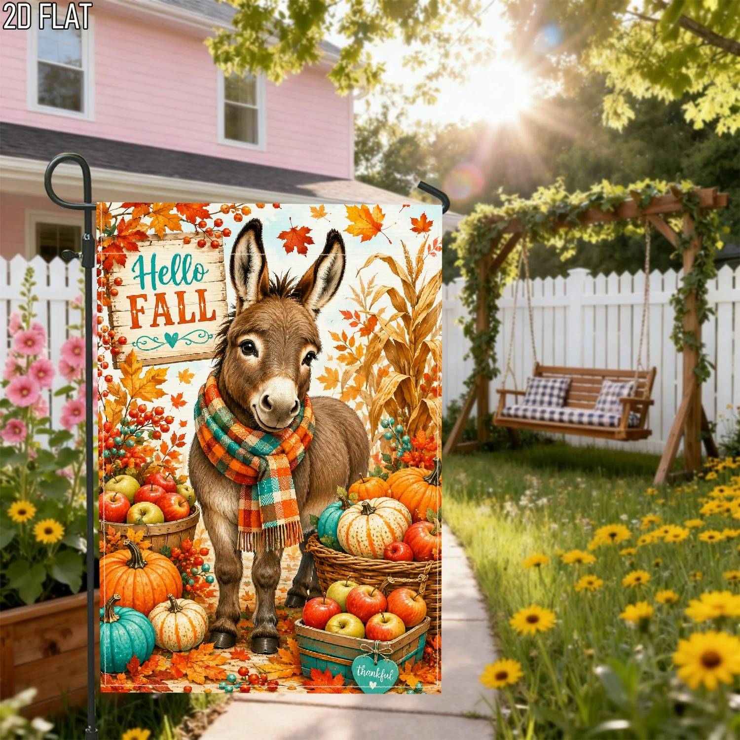 1pcs Hello Fall Cute Donkey Thanksgiving Harvest Garden Flag Rustic Autumn Farmhouse Yard Flag