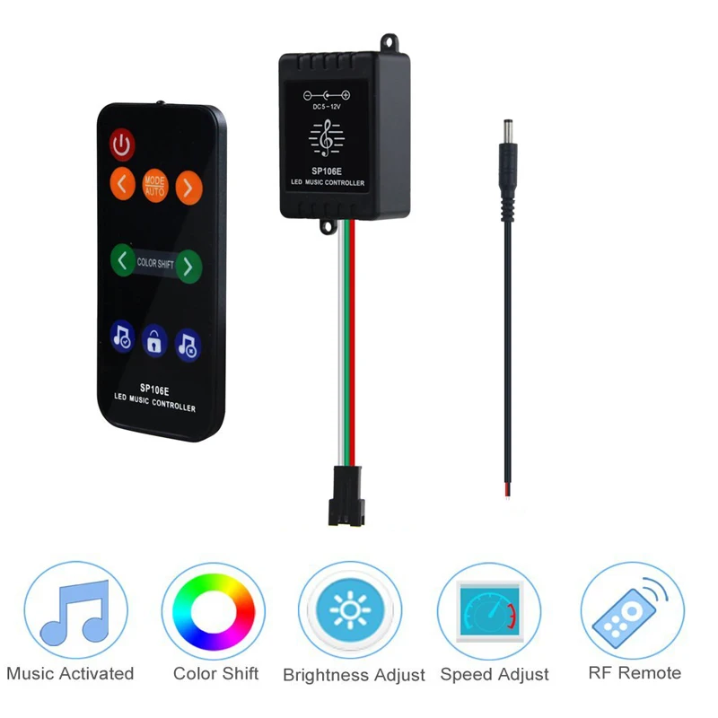 

SP106E Music Controller DC5V - 12V RF Pixel IC SPI Controller Color LED Controller For WS2812 WS2811 WS2812B SK6812 LED Tape