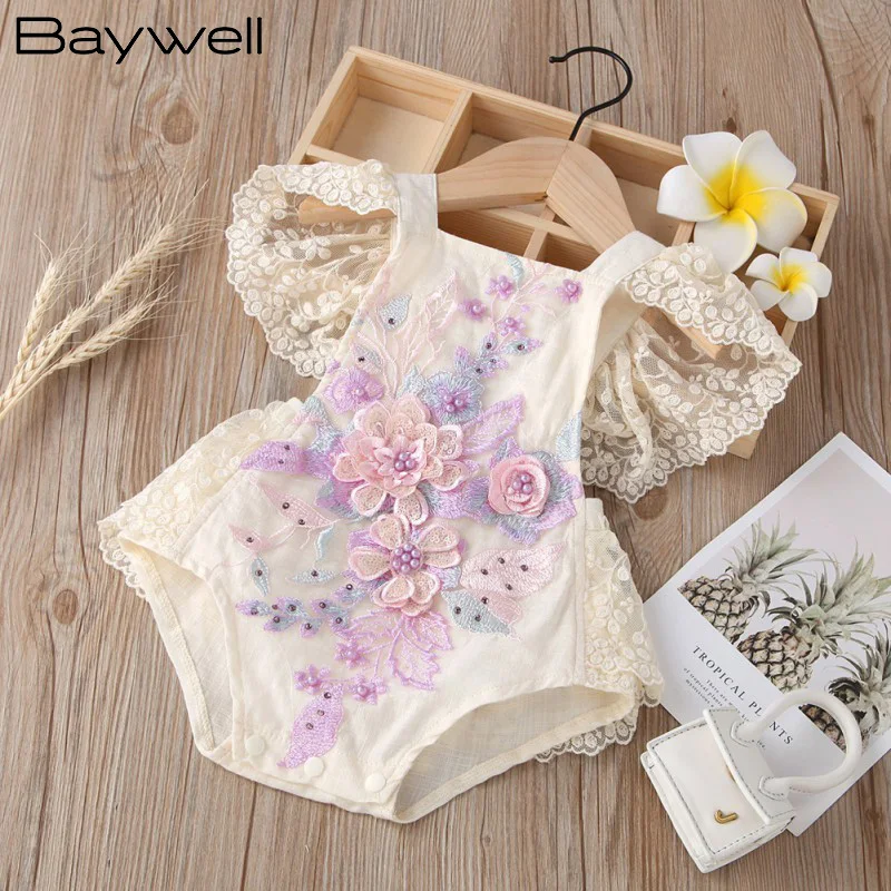 Baywell Infant Baby Girl Net Yarn Flying Sleeves Lace Embroidered Pearl Bodysuit Sweet Backless White Jumpsuit Summer Clothes