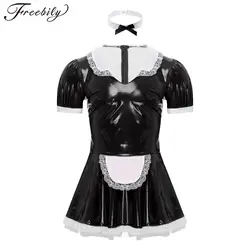 Men Sexy Sissy Maid Cosplay Costume Servant Uniform Short Sleeve Patent Leather Lace Trim Crossdresser Dress with Neck Ring