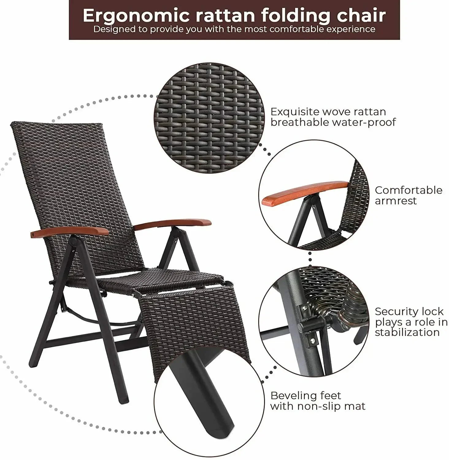 Garden Chair Lounge Rattan Adjustable 7-Level Lounger with Armrests Wide, Aluminum Structure, Suitable for Garden, Patio, Beach