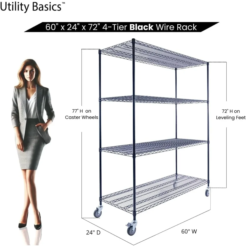 NSF Commercial 4-Tier Wire Shelving with Wheels,Heavy Duty Metal Shelves 3200 lbs Max Capacity, Black Storage Rack for Garage