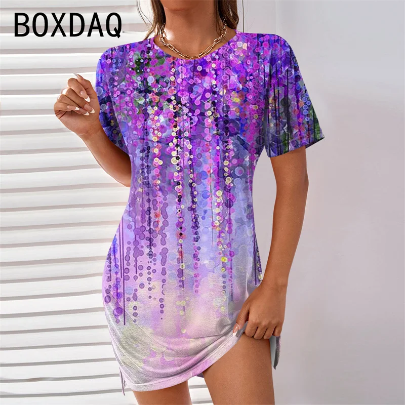 Beach Party Dress Big Size Summer Short Sleeve O-Neck Casual Mini Dress 3D Vintage Gradient Litte Floral Elegant Dress