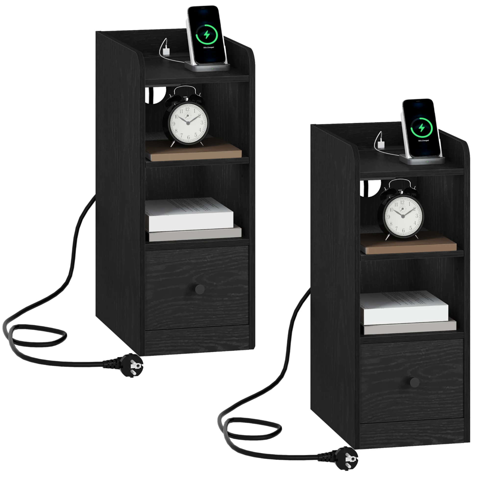 Nachtkastjesset van 2, met oplaadstation, USB- en Type C-aansluiting, 3 opbergniveaus met 1 lade, zwart