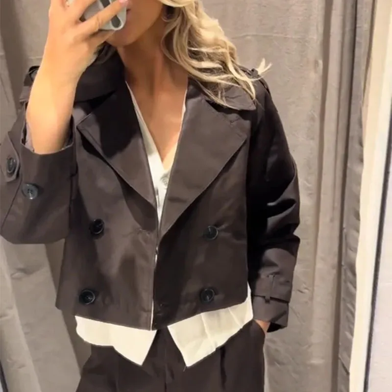 معاطف نسائية بلون سادة للربيع والخريف ملابس خروج أنيقة للسيدات بأكمام طويلة وسترات ذات طية صدر السترة ملابس خارجية مزدوجة الصدر للسيدات #3