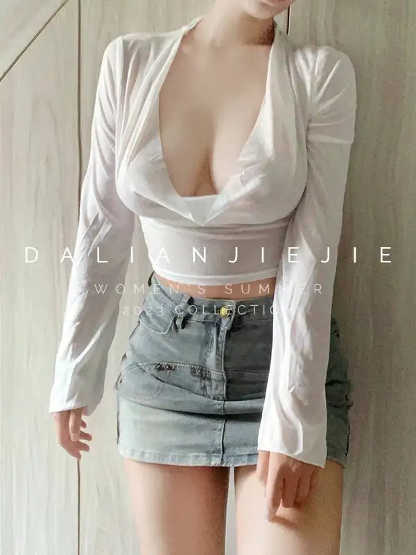 White Tees Transparent Low Chest Sexy Long Sleeve Short T-shirt Women Pile Collar Thin Summer Korean Spice Girls 5UEC