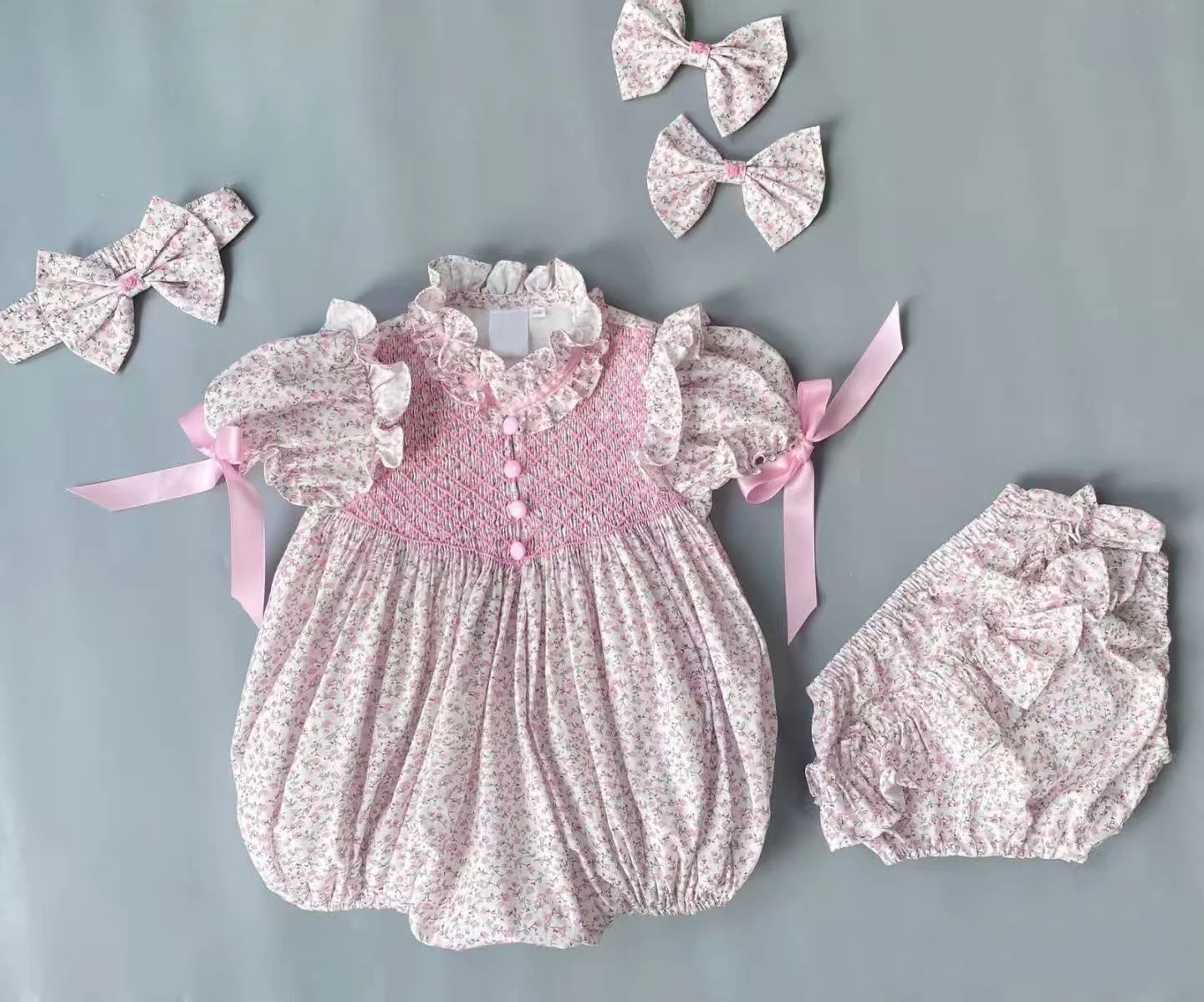 Baby Girl 3Pcs Clothing Set Pink Floral Print Hand Smocked Romper Dress for Casual Party Birthday Wedding Photography A476