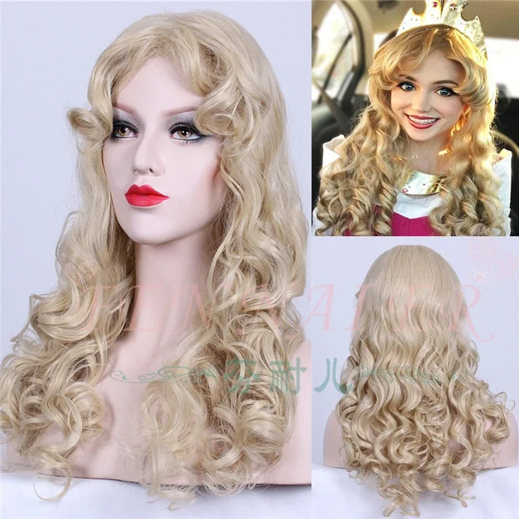 Fairy Sleeping Beuty Women Gold Wavy Wig Role Play Princess Aurora Golden Wig Costumes