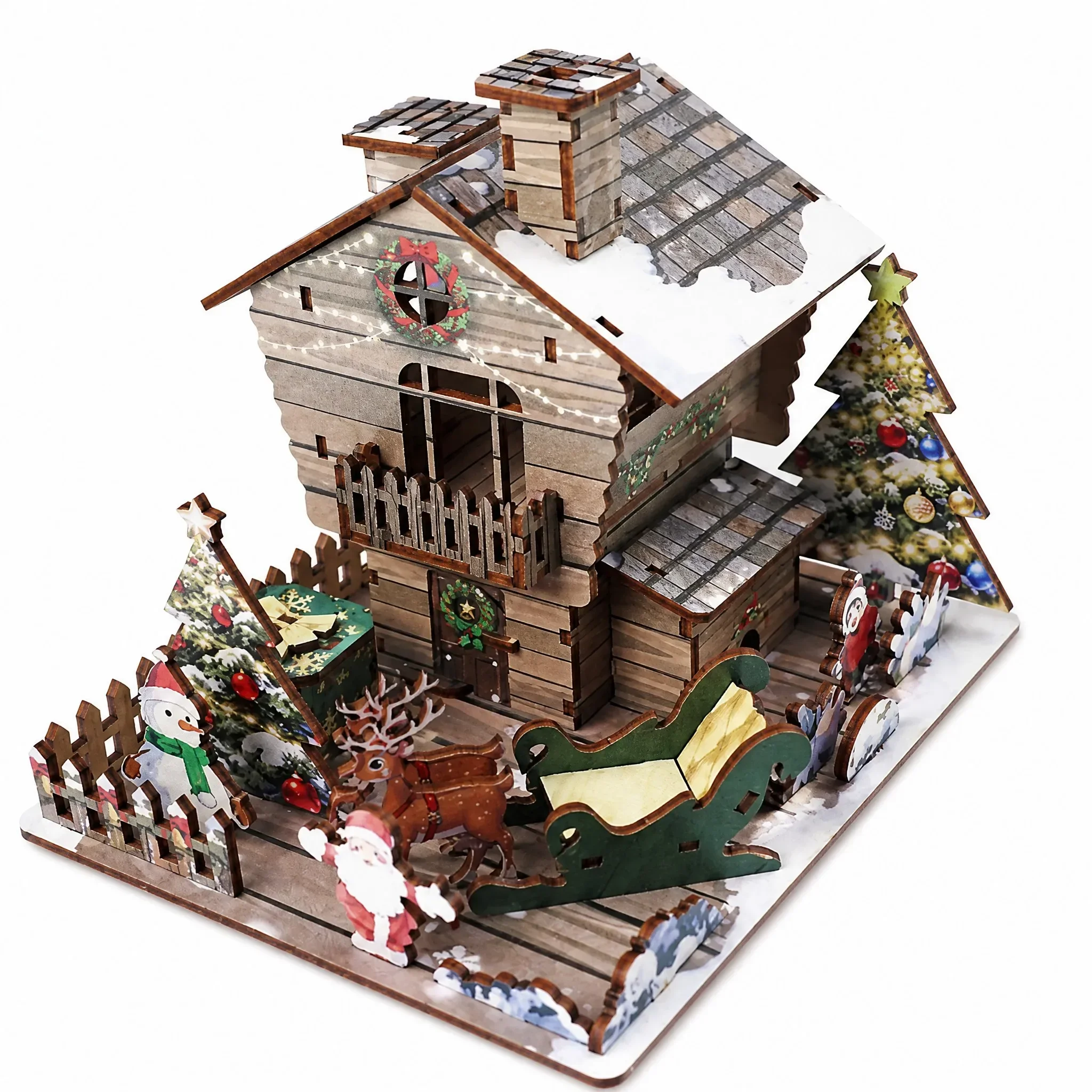 3D Wooden Christmas House Puzzle DIY Craft Model Kit No Glue Assembly Holiday Decor Creative Gift
