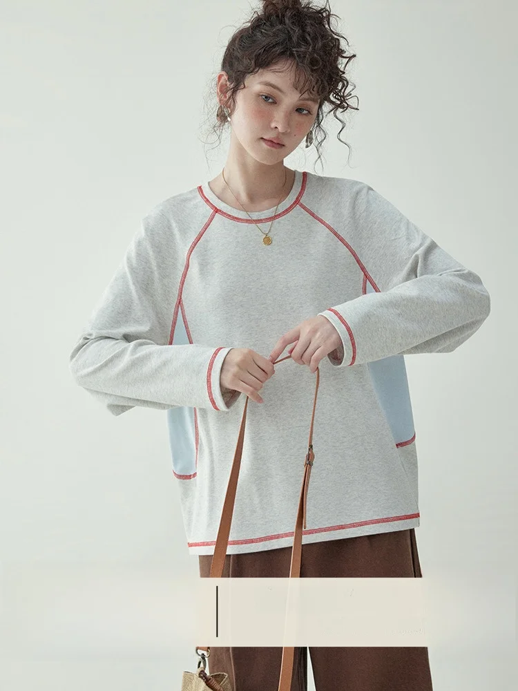 

AMUU оригинальная корейская футболка цвета Blo Line круглая Ne Long Sve женская весенне-осенняя базовая футболка irt Top Ladies Faion