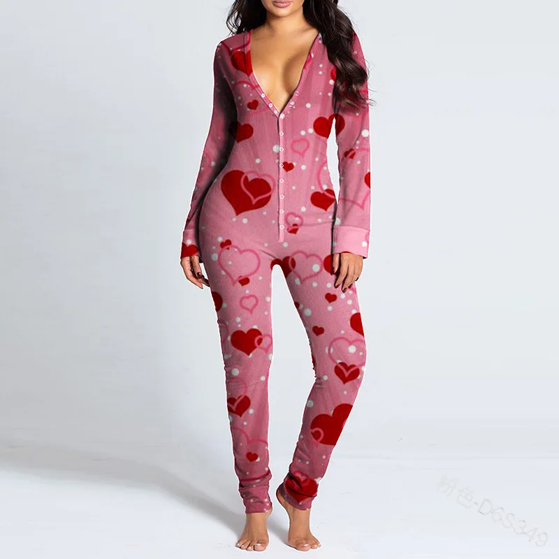 Sexy Pyjama Women\'s Jumpsuit Suit Button-down Front Back Butt Bum open Ass Flap Jumpsuit Loungewear Christmas Print Buttoned NEW