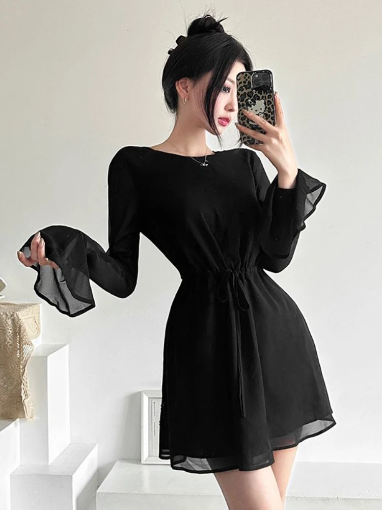 HOUZHOU Backless Black Dress Women Elegant Back Hollow Out Lace-up Long Sleeve Mesh Sheer Sexy A-line Mini Dress Evening Party