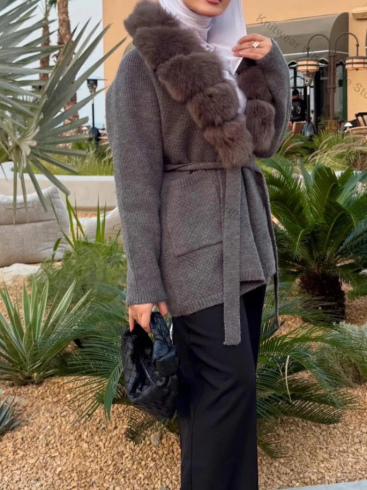 Women's Fur Trim Sweater Winter Real Fox Fur Coat Knitting Cardigan Women Outwear Long Sleeve Luxury Knitwear Fashionable Autumn