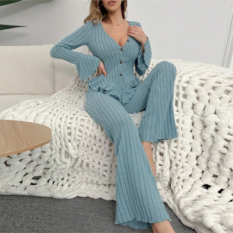

Home Wear Sexy V-neck Fashionable Lotus Leaf Side Length Pants Set Autumn Winter Comfortable Casual Slim Fit Women Two-piece Set