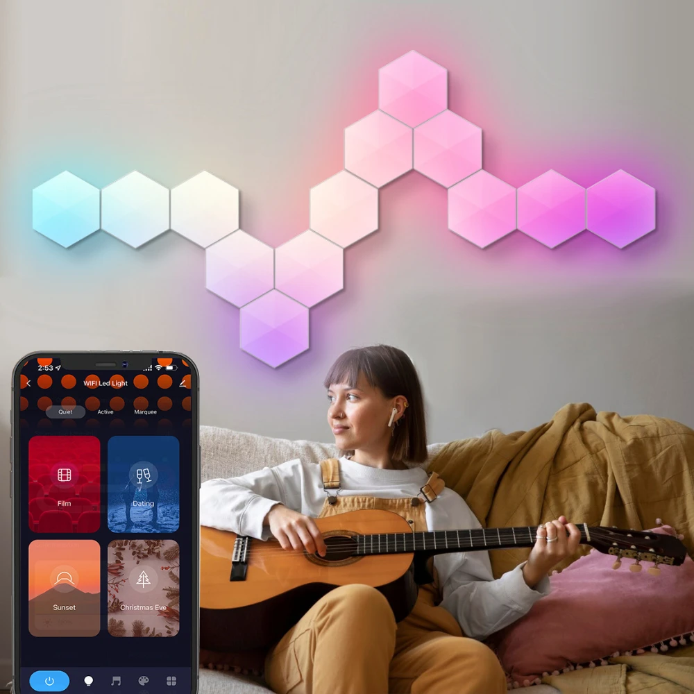 LED Quantum Lamp Intelligent APP Hexagon Panel Wall Lights DIY Modular Music Sync Rhythm Atmosphere Lamps Game Living Room Decor