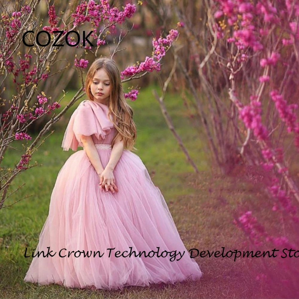 

COZOK Pink Flower Girls Dresses with Soft Tulle Sleeveless 2024 Summer Zipper Back Happy Dress For Christmas Day فستان عيد الميل