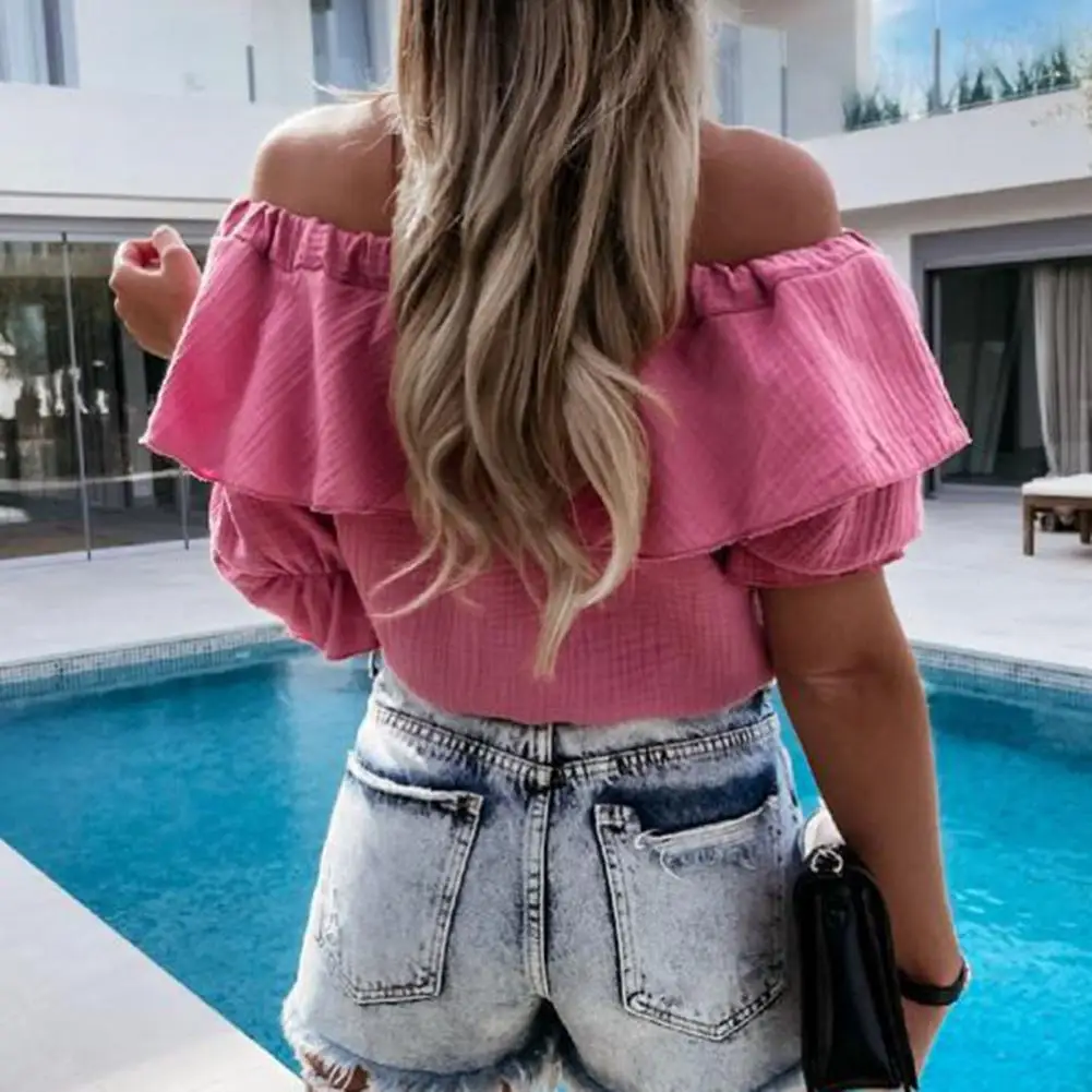 Fashion Sexy Ruffle Women Blouse Shirt Summer Casual Tie-Up Drawstring Tops Pullover Solid Color Elegant Off Shoulder Shirt Chic