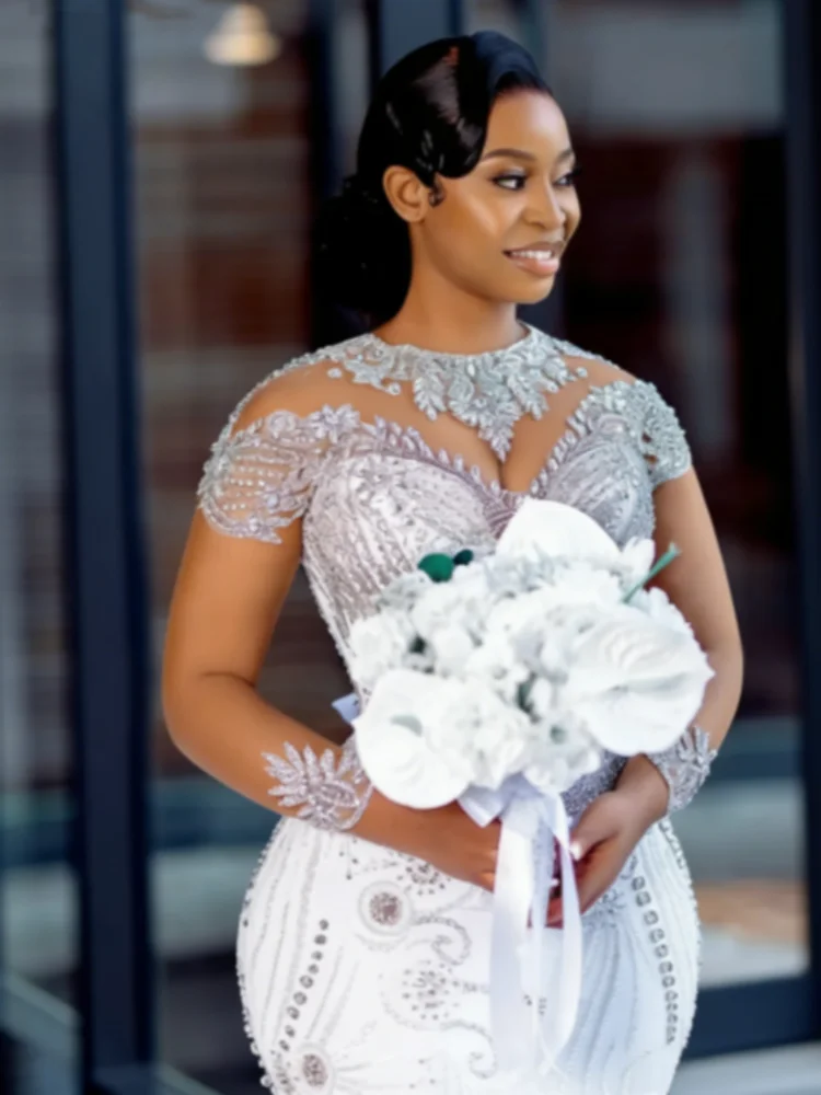 Robe de mariée sirène personnalisée 2026 à manches longues pour mariée, en organza à étages, ornée de cristaux et de perles, style africain Aso Ebi