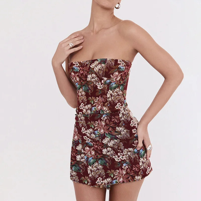 

SKMY Women Clothing Fashion Floral Dress Sexy Night Club Outfits Strapless High Waist A-Line Elegant Party Short Dresses