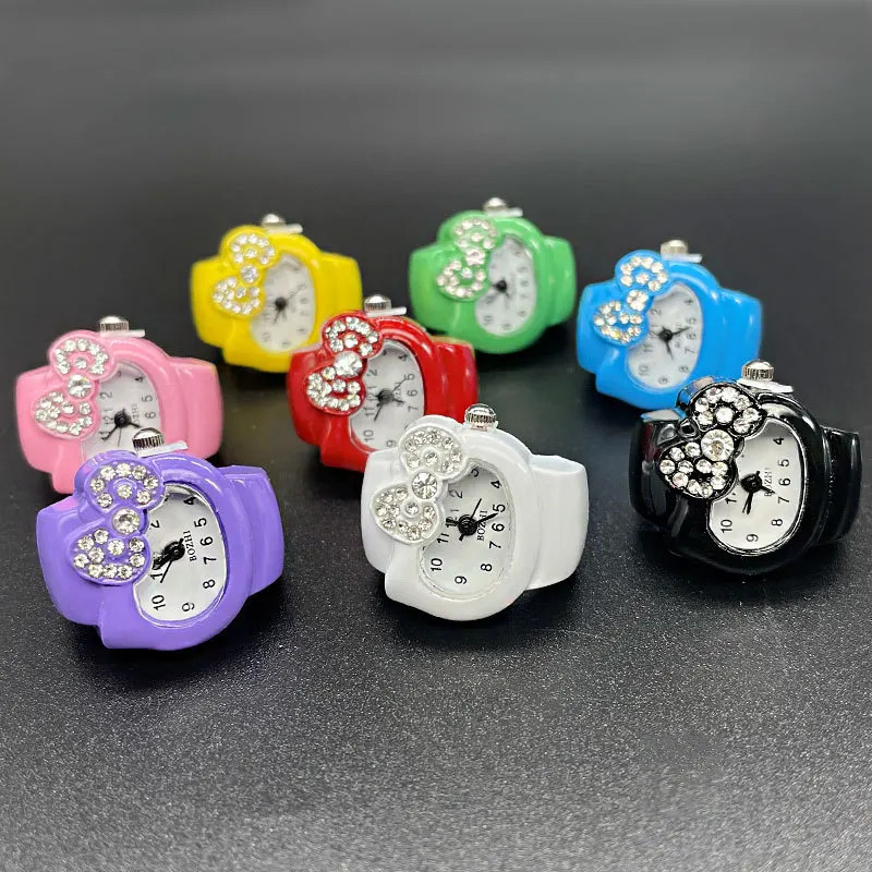 Kawaii Sanrio Hello Kitty Watch Ring Cute Kt Cat Bow Rhinestone Clock Ring Watches Girls jewelry Kids Toys Gifts