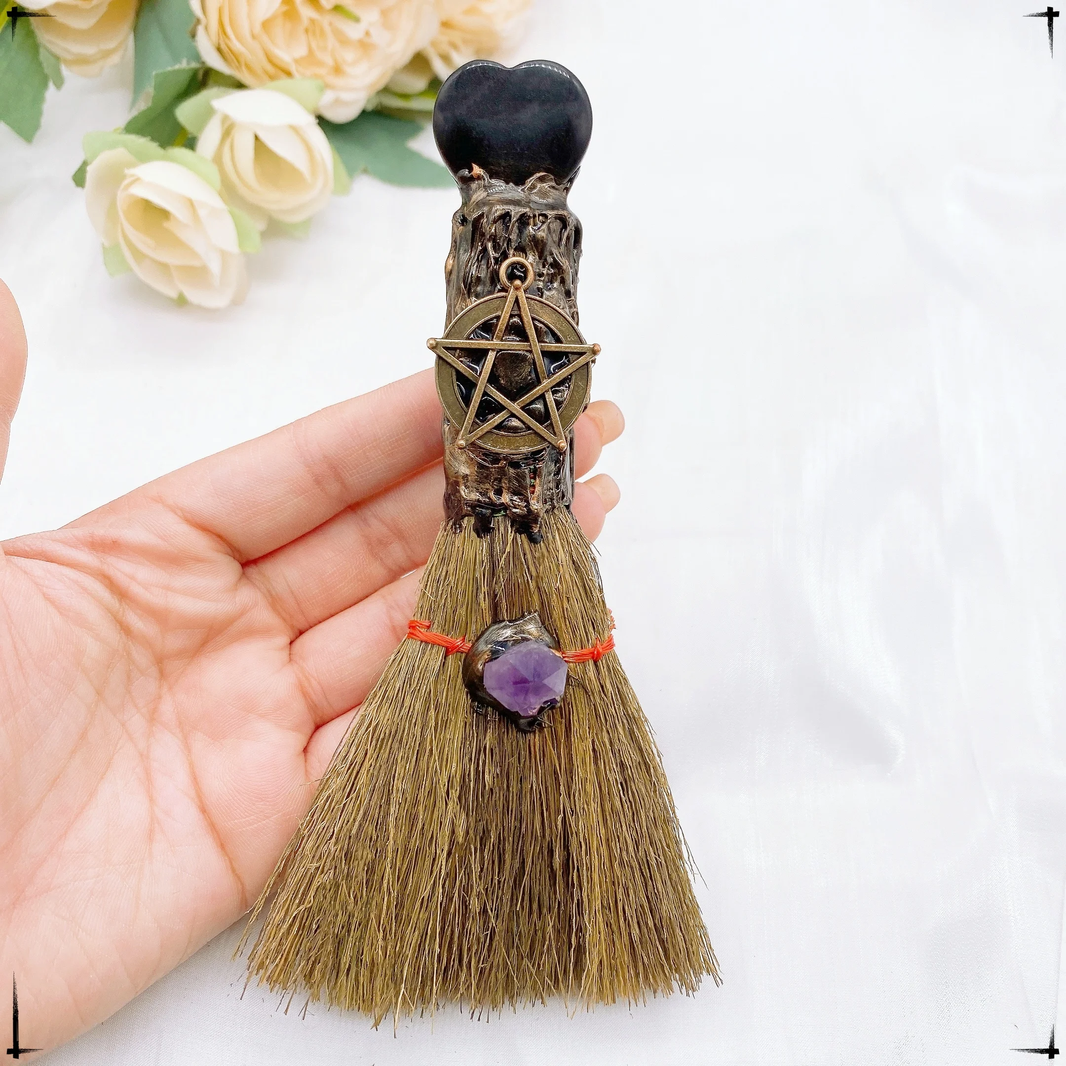 Natural Amethyst Crystal Quartz Gem Love Heart Magic Broom Crafts Reiki Healing Witch Besom Home Garden Decor Christmas Gift