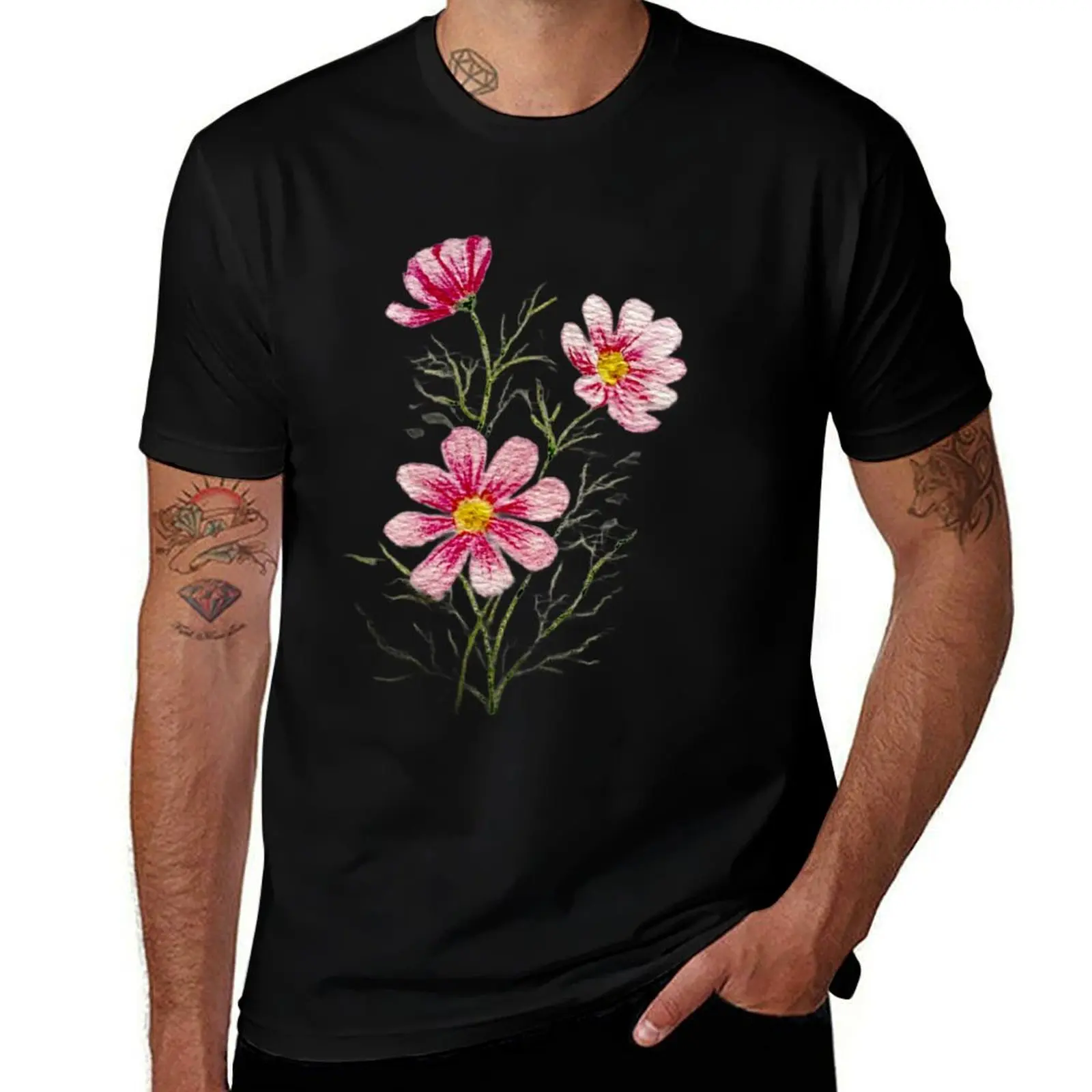 

Cosmos flower with watercolor pencils T-Shirt luxury designer croswit shirt man man t shirt mens white t shirts
