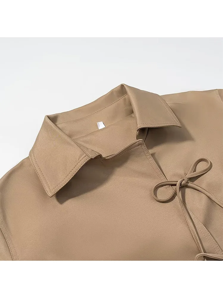 

HH Woman Elegant Turn-down Collar Long Sleeves Winter Bow Lace-up Decoration Jackets Female Casual Pocket Solid Short Coat