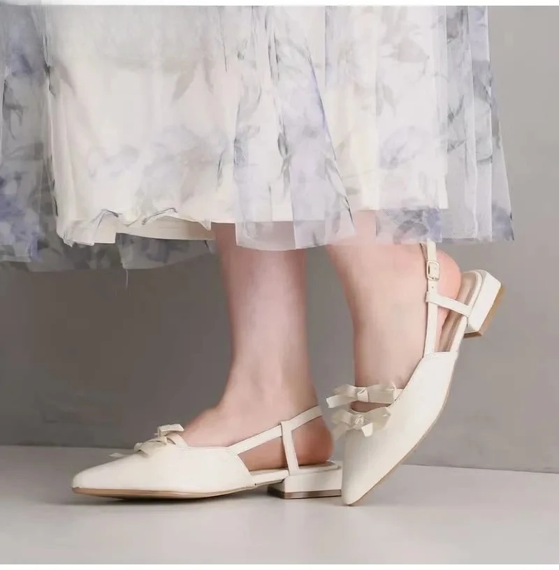 

Japanese and Korean Style Sweet Double Bow Pointed Toe OL Mary Jane Shoes Retro Flat Heel Summer Women's Single Shoes
