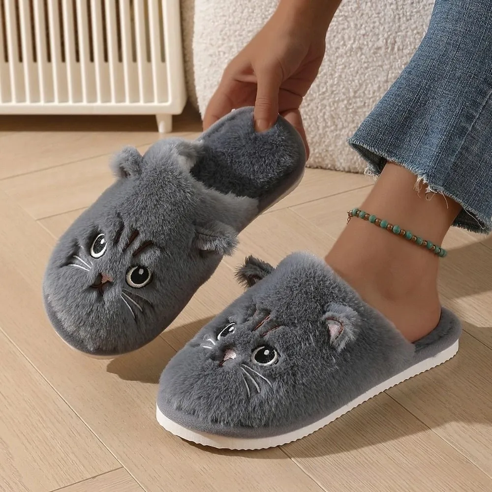Cat Pattern Print Winter Home Warm Slippers Non-Slip Fluffy Texture Couples Slippers Comfortable Soft Fabric Slippers
