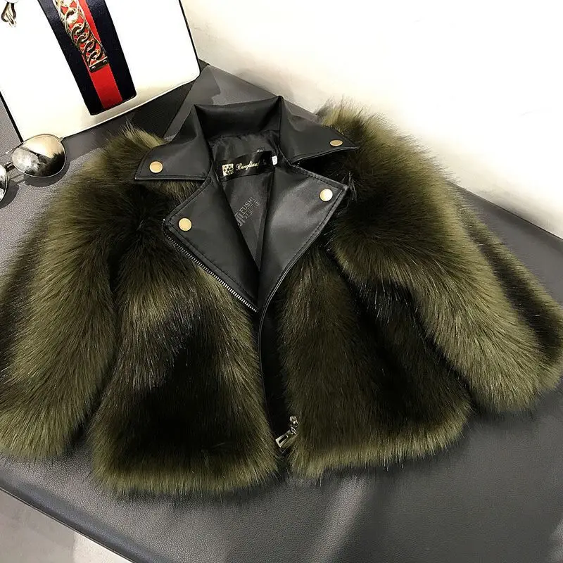 New Children\'s Faux Fox Skin Children\'s Coat Fur Men\'s and Women\'s Work Coat Fashion Lapel Casual Coat Military Green