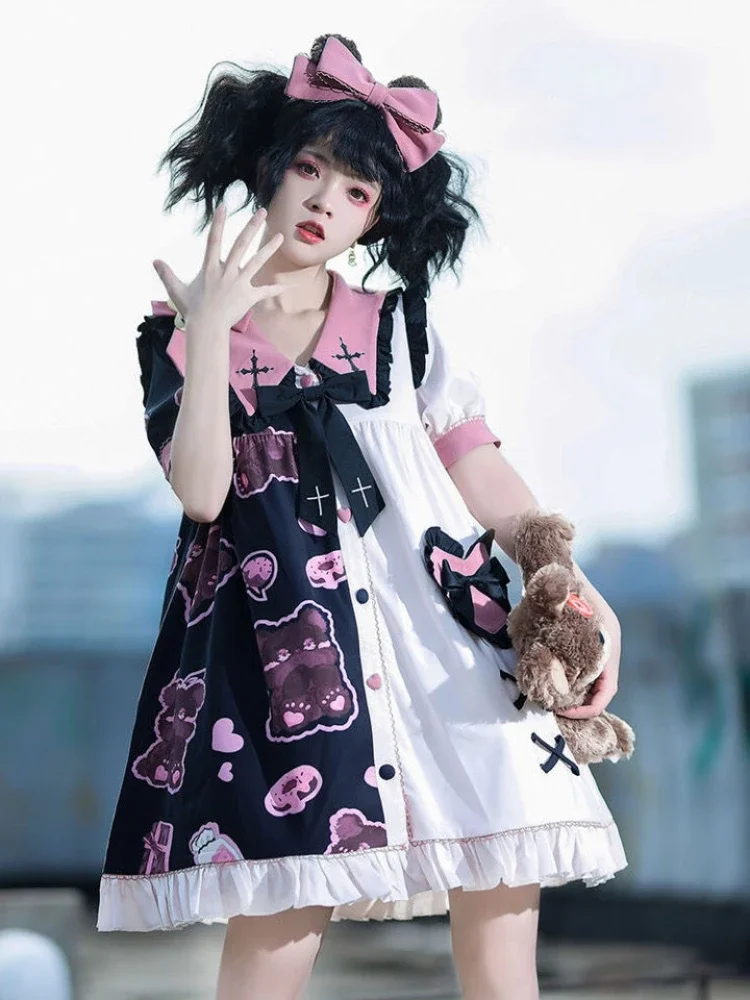 Gothic Lolita Dress Harajuku Contrast Color Patchwork Fashion Cosplay Female One Piece Dresses Japanese Kawaii Vestido