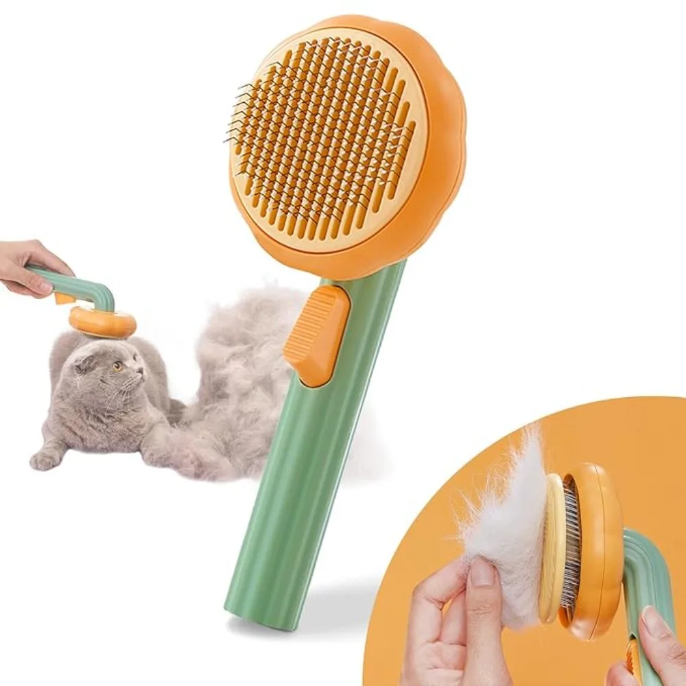 

Pumpkin Dog Brush, Self Cleaning Cat Brush, Cat Hair Brush for Shedding, Pet Grooming Brush for Short and Long Haired Cats