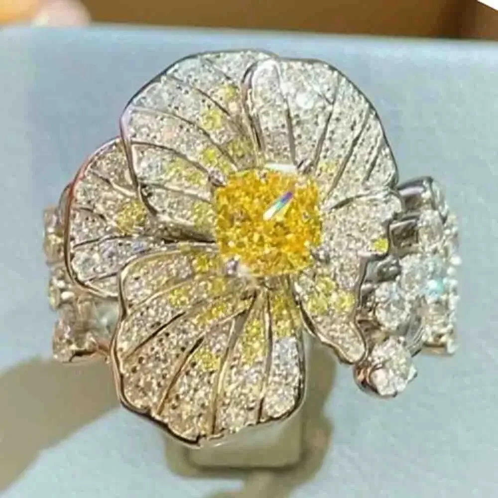 Yaranyan Vintage 100% 925 Sterling Silver Lab Sapphire Citrine High Carbon Diamonds Gemstone Flower Ring Cocktail Fine Jewelry