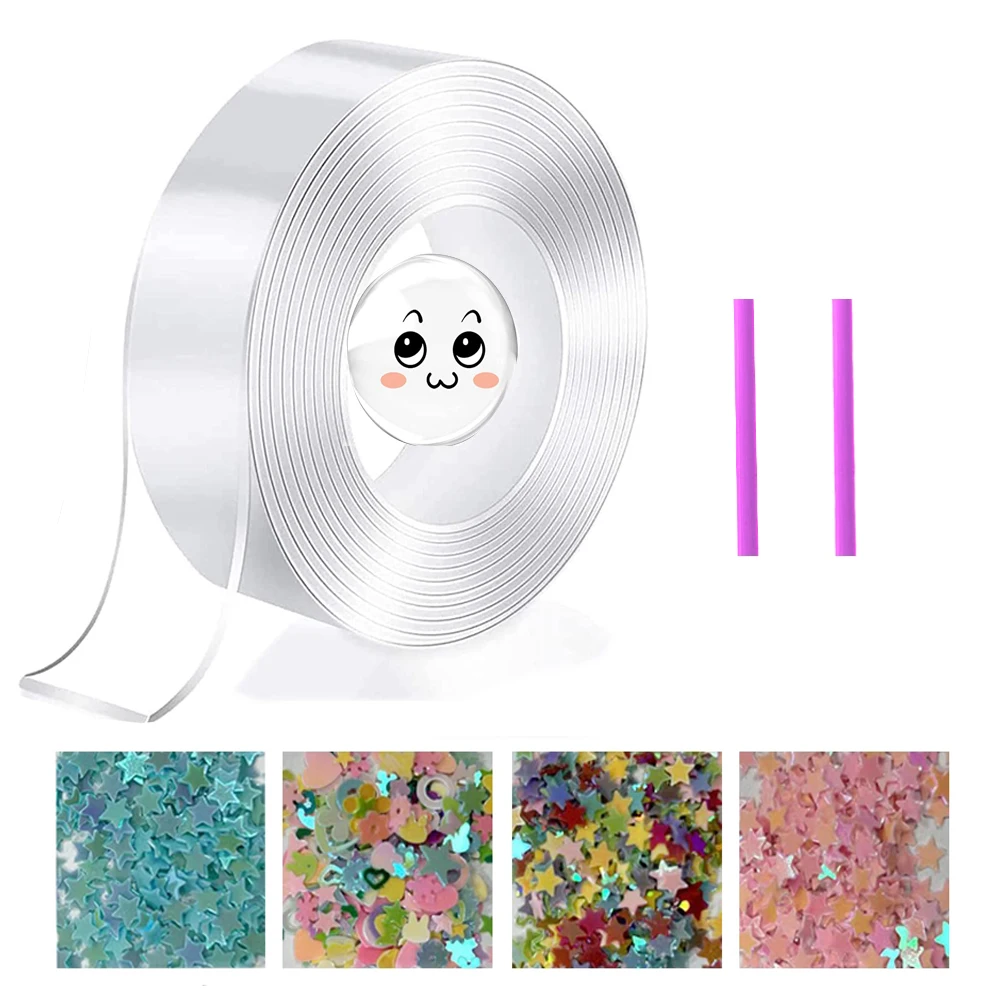 Nano Tape Bubbles Kit Double Sided Tape  Plastic Bubbles Balloon Adhesive Tape with Glitters Straws  DIY Craft Kit Party Favors