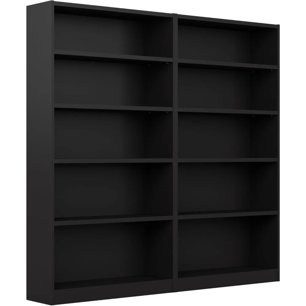 Tall 5 Shelf Bookcase in Black - Set of 2, Matching Storage and Display Bookshelves for Home Office or Living Room Organization