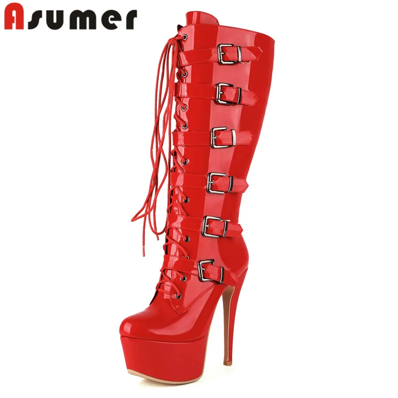 

ASUMER 2023 New Patent Leather Narrow Band Winter Boots Thin High Heels Platform Shoes Ladies Zipper Buckle Knee High Boots