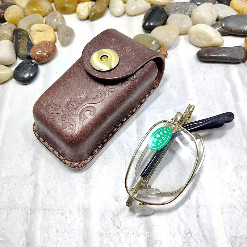 Blongk Leather Folding Glasses Box on Belt Cowhide Hand-made Foldable Glasses Case Small Waist Bag Fanny Pack Men Women DFD-ZD