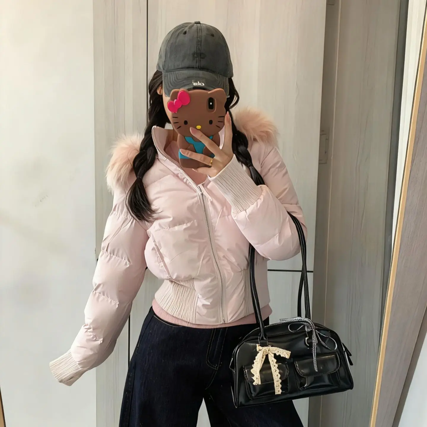 Women's Short Down Jacket Faux Fur Hooded Zip Rib Hem Long Sleeve Winter Warm Slim Fit Quilted Padded Jacket