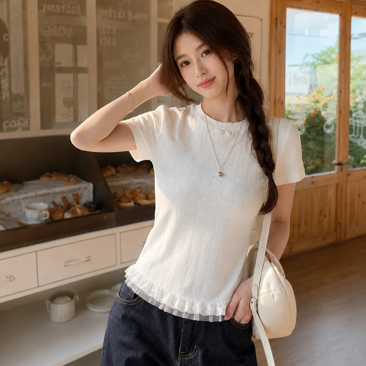 Women’s White Knit Top Bow Detail Lace Ruffle Hem Slim Fit Round Neck Short Sleeve Summer Blouse