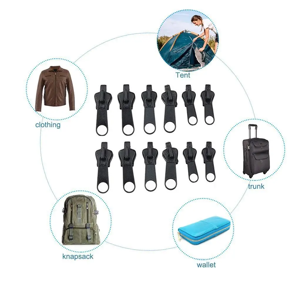 12個ブラックフィックスジッププラー、ジップスライダー修理インスタントキット、インスタントジッパーセット、フィックスジッパー取り外し可能なレスキュー交換パック、縫製用