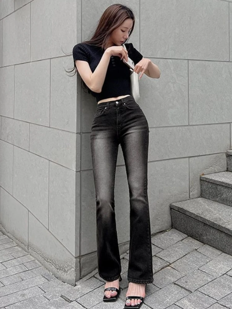 

Модные ретро-джинсы из черного денима с высокой талией, слегка расклешенные, длинные, женские, премиум-качества, из хлопка с добавлением стрейча