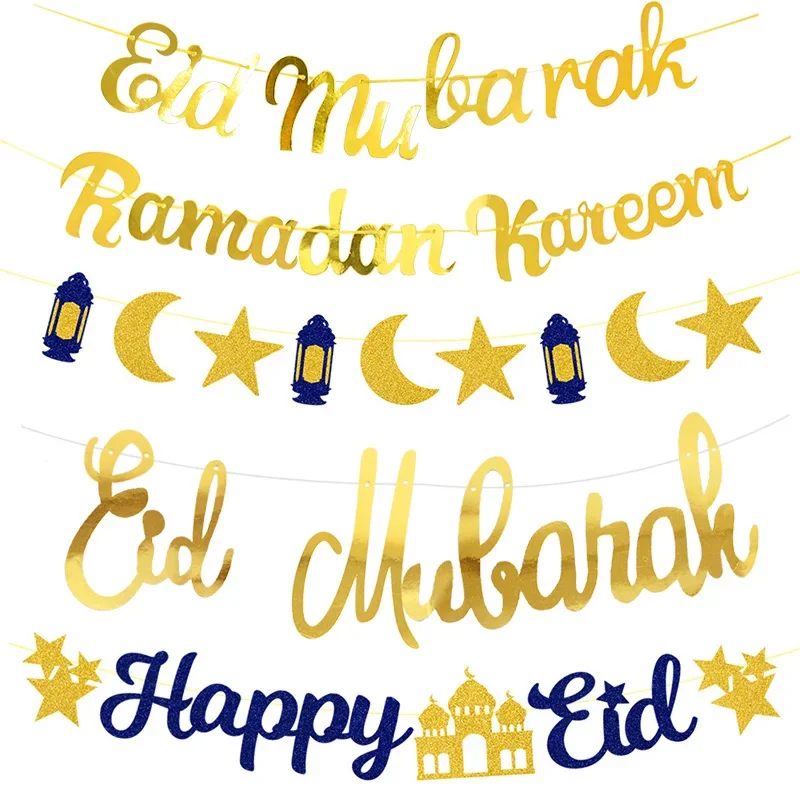 

EID Mubarak Glitter Star Moon Bunting Garland 2022 - Islamic Muslim Party Ramadan Kareem Decorations