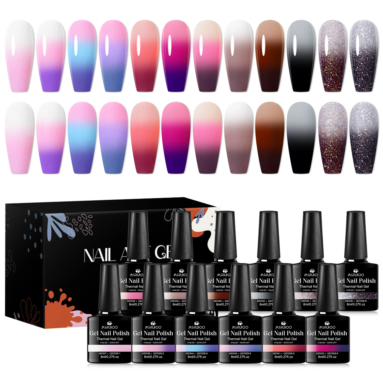 

3 Color Change Gel Polish 12PCS, Thermochromatic Nail Polish to Grey to Black, UV LED Soak Off Nail Art Manicure Kit