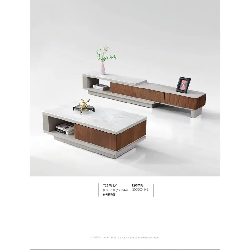 Modern Wooden Style Tv Stand and Glass Fiber Stone Coffee Table Set for Living Room