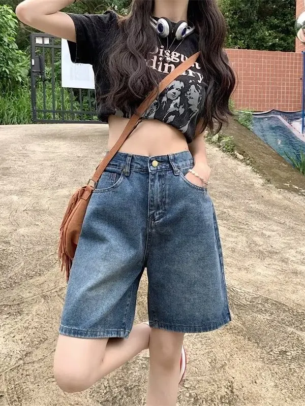 

High Waist Loose Fit Five-Quarter American Retro Design Women's Jeans Straight Leg Slimming Summer Trousers Casual Sle